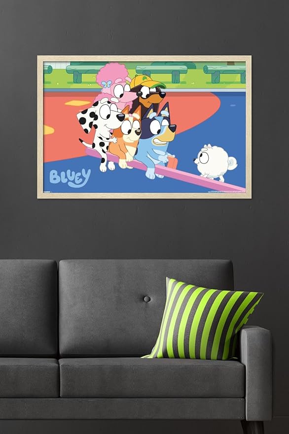 Bluey (2018) - Bluey and Friends See Saw Fun Wall Poster, 34L" x 22.4W", Blonde Framed Version