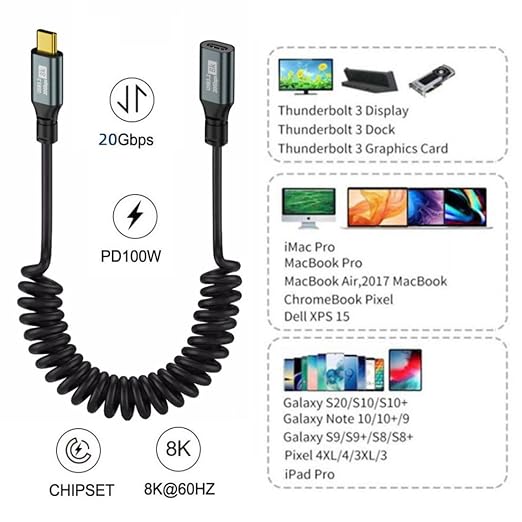 chenyang USB C to C Coiled Cable USB 3.2 Type C 90 Degree UP Angled 20Gbps PD 100W 8K@60Hz Data Fast Charging Cable 6ft