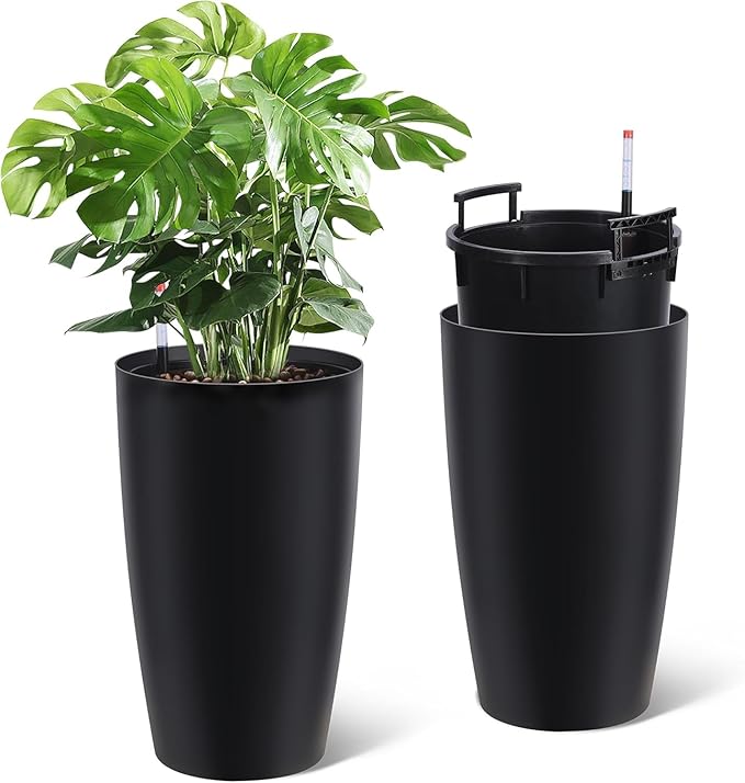 Tall Planters - Set of 2 Large 22 in Planters for Outdoor Indoor Plants, Water Level Monitor, Inner Bucket, Automatic Watering, Ideal for Porch Patio Backyard, Black