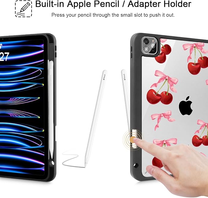 May Chen Case for iPad 12.9 Inch (6th/5th/4th/3rd Generation 2022/2021/2020/2018) Pencel Holder + Trifold Support Auto Sleep/Wake Transparent Shockproof Back Cover Blue Bows