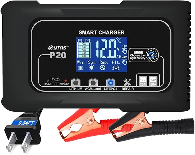Dylannet Smart Battery Charger 20A 12V/24V Fully Automatic Maintainer, Trickle Charger/Desulfator with Overcharge Protection & Temperature Compensation for LiFePO4 Lead Acid Lithium Batteries