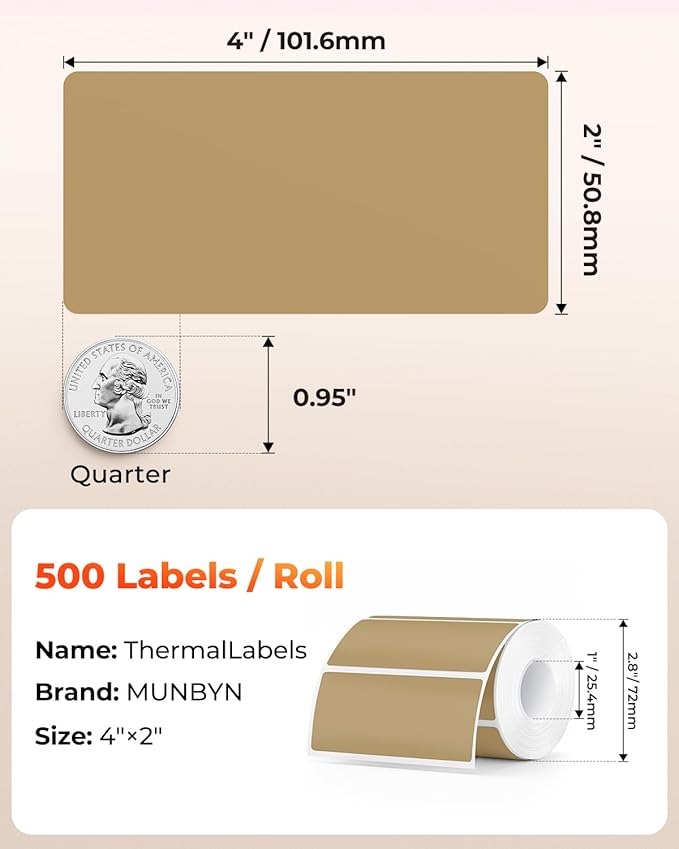 MUNBYN 4” X 2” Direct Thermal Labels, Thermal Printer Stickers, Strong Adhesive & Perforated Labels Paper for Barcode, Mailing, 500 Sheets/1 Roll, Brown