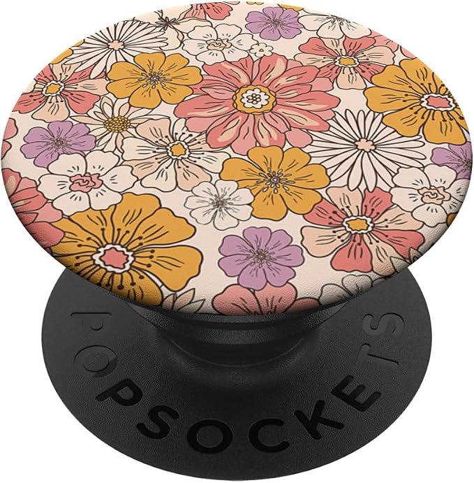 Retro Flowers Meadow Floral Groovy 70s Peach Orange Pink PopSockets Adhesive PopGrip