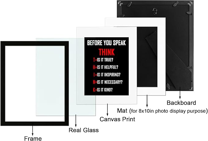 Wieco Art Think Quotes Wall Art Inspirational Canvas Print Motivation Classroom Decor With Black Picture Frame and HD Plexiglass Made to Display 8x10" with Mat or 11x14" Without Mat