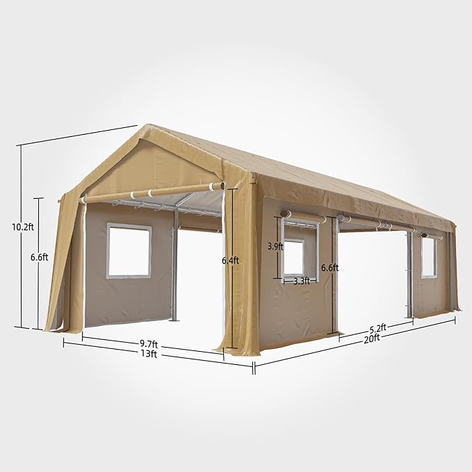 13x20ft Heavy Duty Carport Outdoor Canopy Portable Garage with 4 Doors & 4 Windows Waterproof UV Resistant Storage Shelter with Removable Sidewalls for Car Truck Boat, Earthy Yellow