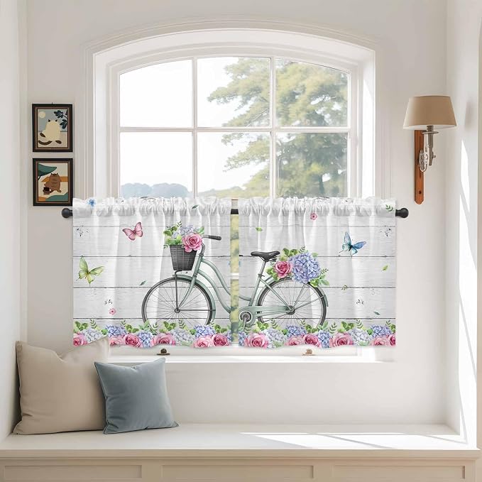 Spring Tier Curtains, Bicycles Botanical Rose Leaves Butterfly Wood Grain Light