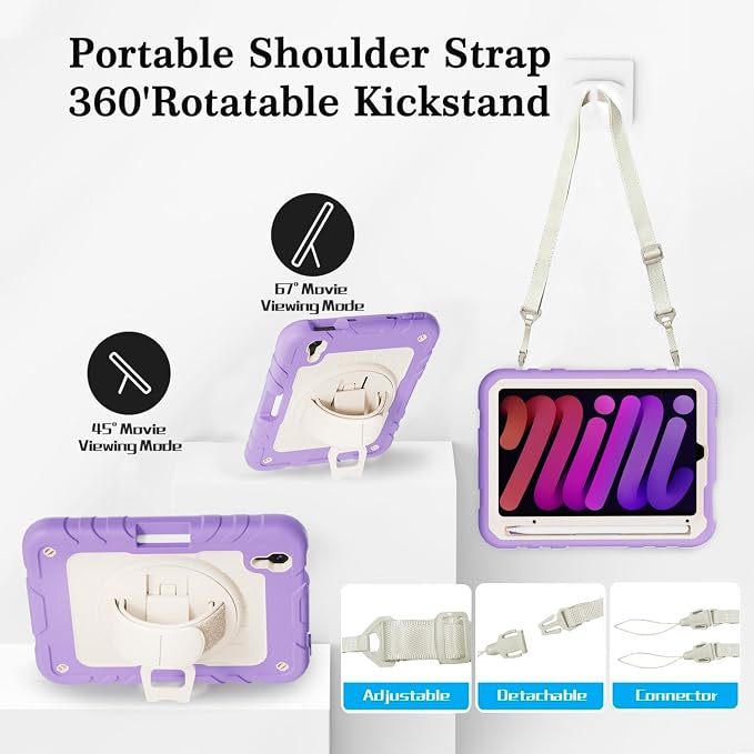 for iPad mini 7 A17 Pro/iPad mini 6 8.3 Inch Case iPad mini 7th/6th Generation Case (2024/2021) with Pencil Holder/Kickstand Hand Strap/Shoulder Strap Black