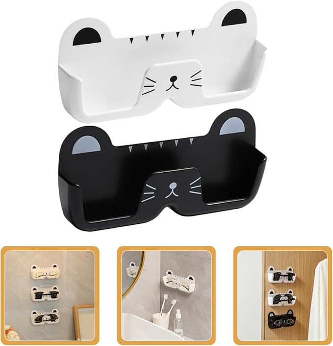 SEWACC 2pcs Cat Design Wall-Mounted Glasses Organizer Plastic Eyewear Storage Box with Hanging Holder for Sunglasses and Eyeglasses in Black and White, Suitable for Bedroom and Bathroom
