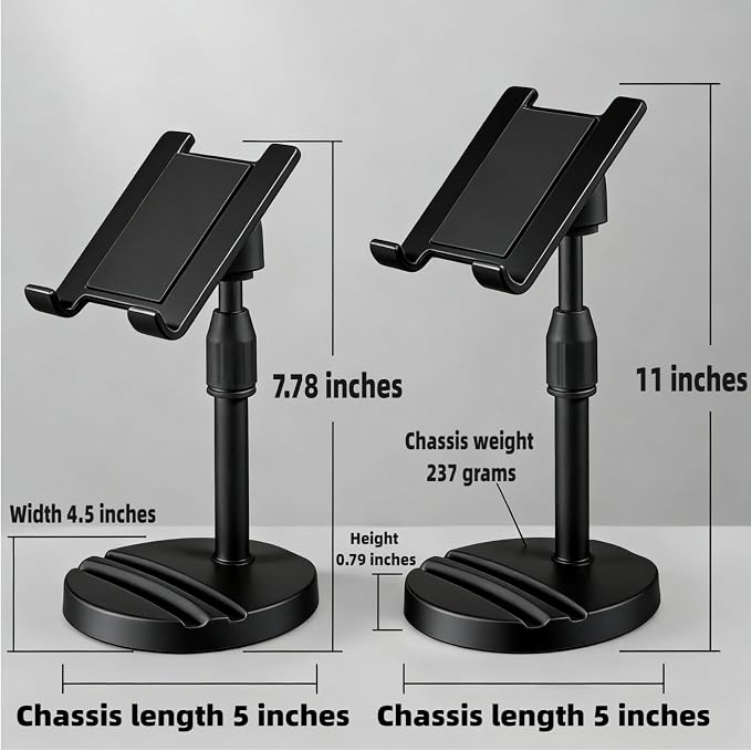Adjustable Height Phone and Tablet Stand Dual Device Holder with 360° Rotation Sturdy Non-Sturdy Non-Slip Base with Card Slot for Livestream Watching Videos Work Gaming