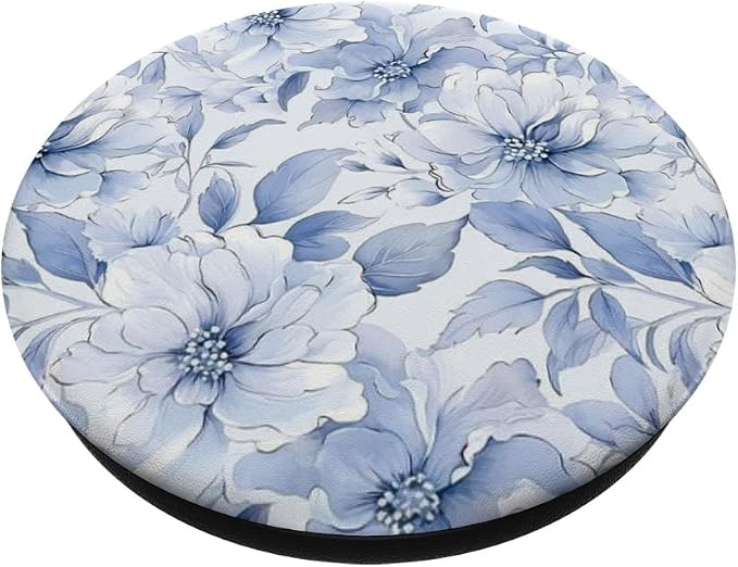 Blue White Floral Illustration Print PopSockets PopWallet for MagSafe