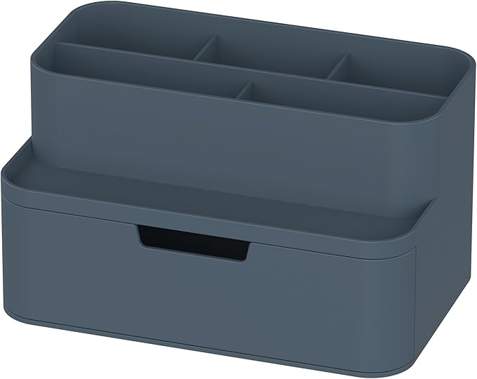 BLUE GINKGO Compact Desk Organizer – Small 5-Compartment, Half Drawer Storage – Pen Holder, Stationery Organizer for Desktop, Vanity, Shelf (Made in Korea, Blue)