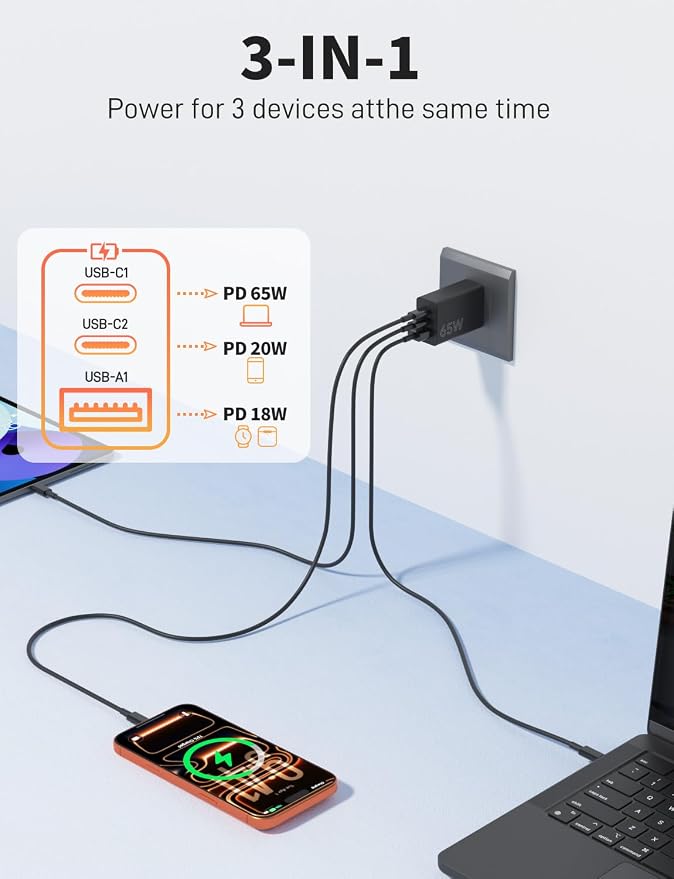 2Pack 65W USB C Charger Block Super Fast Charging Type C Wall Adapter with 3 Port 100W PD Quick Charging for Samsung Galaxy S26/S25 Ultra iPhone 17/16/15 Pro Max iPad Pro/Air &amp MacBook Pro/Air