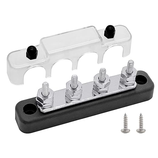 4 x #10 (M5) Studs Bus Bar, Ampper 4.2" Ground Distribution Block Brass Battery BusBar Junction with Cover for Auto Boat Amplifier and More (Black)