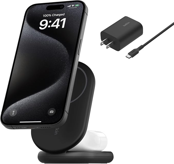 Belkin Qi2 15W Magnetic Wireless Charger 2 in 1 Foldable Non-Slip | MagSafe compatible iPhone 16 Apple Watch Samsung Galaxy S25 compatible power adapter included