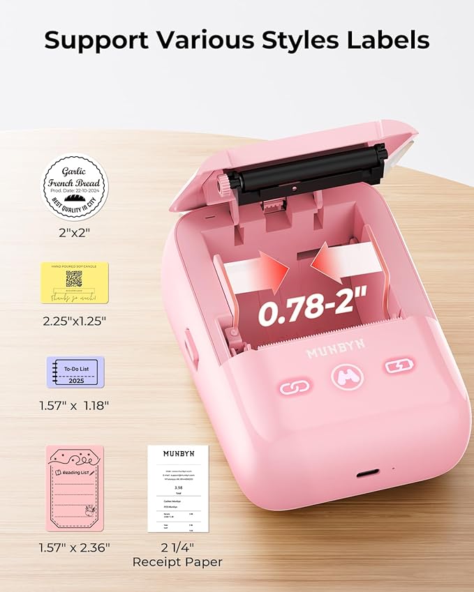 MUNBYN 5-in-1 Label Maker Machine – Bluetooth Thermal Label Printer for Stickers & Barcodes, App-Connected, Multiple Templates, No Subscription, Portable for Small Business, Home&Crafts, Pink