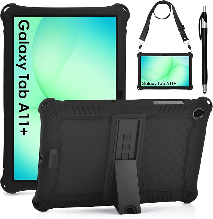 DETUOSI Silicone Case for Samsung Galaxy Tab A11+ Plus 11 Inch 2026/ Tab A9+ Plus 2024 Multi-Angle Foldable Tablet Cover with Adjustable Shoulder Strap &amp Stylus Pen Black