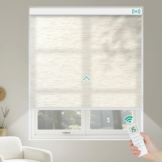 Kilonity Motorized Roller Shades, Light Filtering Remote Control Custom Window Shades Work with Alexa Google Assistant via RF Hub, Rechargeable Electric Blinds for Windows (Texture Light Coffee)
