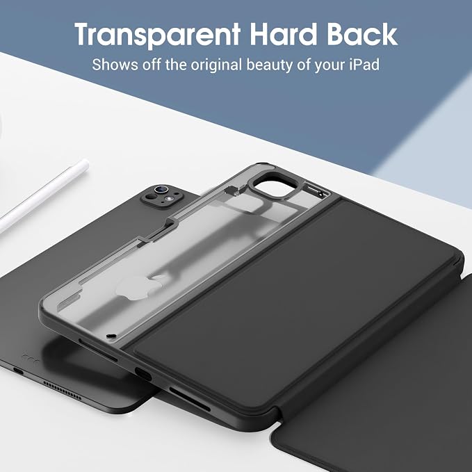 ProCase Clear Back Folio Book Case for iPad Pro 13 M5 / M4 Black | Hard Shell Protective Book Cover Built-In Pencil Holder Layout Convertible Tri-Angle Folio Stand