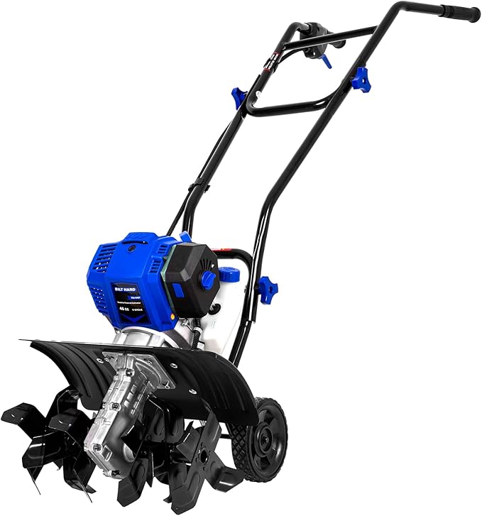 BILT HARD 46cc 4-Cycle 1.9HP Gas Powered Tiller Cultivator - 16" Heavy-Duty Steel Tines Rototiller, Adjustable Wheels & Cushioned Handle Grips for Plowing, Tilling, Weeding in Garden, Farm