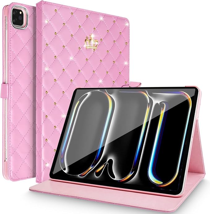 for iPad Pro 11Inch Case M5/M4 2025/2024 (6th/5th Generation)Cute Crown Bling Rhinestone Girly Elegant PU Leather Smart Auto Sleep/Wake Stand Protective Case for iPad Pro 11 2024/2025Black