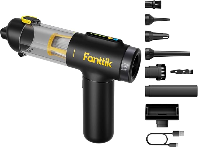 Fanttik Slim V10 Mix Cordless Car Vacuum, 4 in 1 Handheld Air Duster, Color Smart LED Display, 16kPa Suction Power, Cordless Portable Mini Keyboard Vacuum for Car, Office Desk