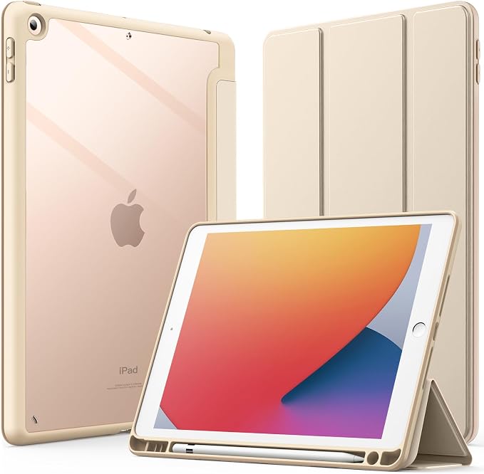 JETech Case Cover for iPad 9th/8th/7th Gen 10.2 Beige | Clear Transparent Back Pencil Holder Slim Shockproof Protection Tri-Fold Stand Auto Wake/Sleep
