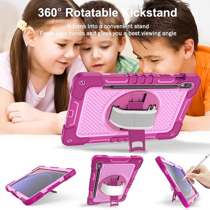 Case for Samsung Galaxy Tab S10 Lite 10.9-Inch Tablet – Shockproof Silicone Protective Cover with Shoulder StrapWrist Strap Drop-Resistant Business Style (Rose red+Pink)