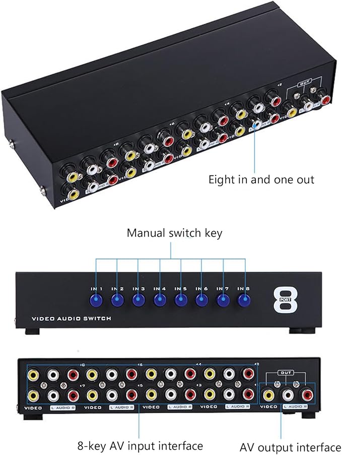 Manual 8Way Video Signals Switcher Box 8in 1Out Video Vid Switching Box Switcher Easy Switching Device Source Management