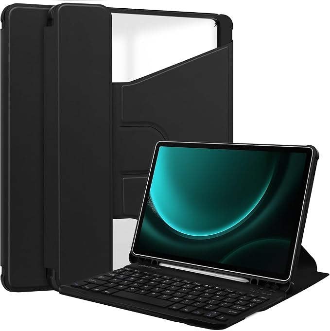 Tablet Case for Samsung Galaxy TAB A9+/A9 Plus with S Pen Holder 360° Swiveling Stand Shockproof Cover with Clear Transparent Back Shell Auto Wake/Sleep (Black Galaxy Tab A9 Plus)