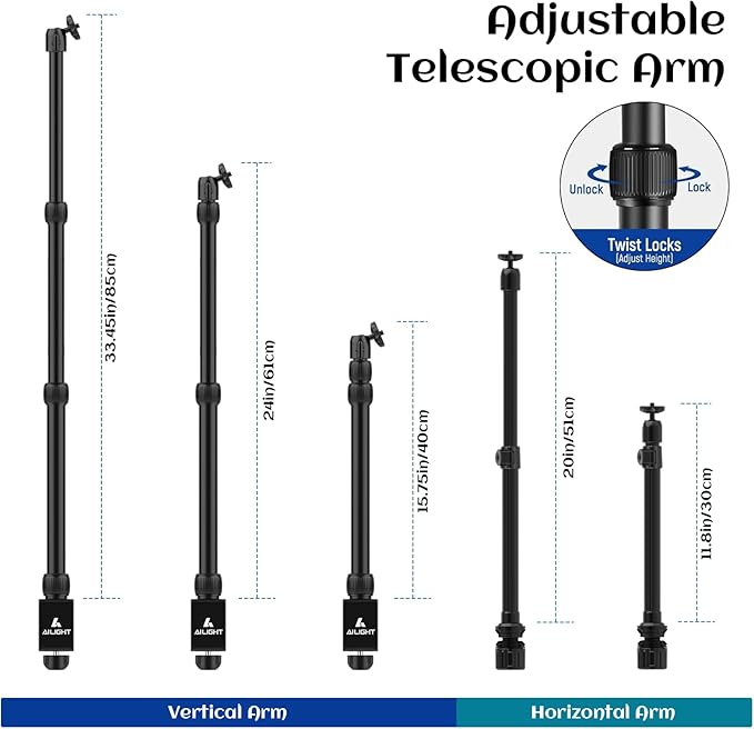 Ailight Overhead Camera Mount Desk Stand, 15.75"-33.45" Webcam Mount with 2-Section Adjustable Telescopic Boom Arm, C Clamp/Swiveling Ball Head for DSLR Camera, Phone Clip, Ring Light, Webcam