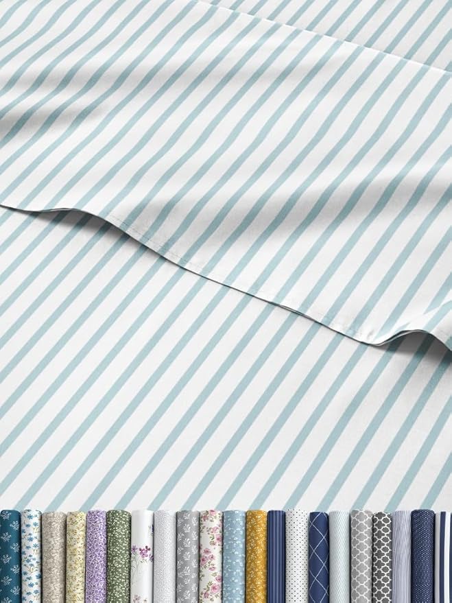 Striped Sheets - Blue & White Striped Sheets - 1 Flat & 1 Fitted & 1 Pillowcase w/ Deep Pockets – Wrinkle & Fade Resistant - Soft, Breathable & Cooling - Luxury Pinstripe Bedding - Twin Size Bed Set