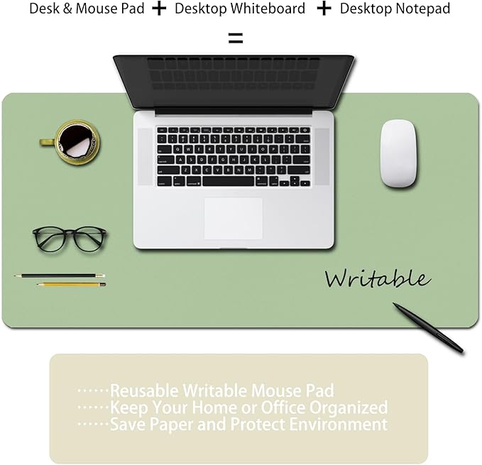 Erasable writable(Frontside) Table mat,Dual Sided Desk Mat, Large Mouse Pad, Notepad, Writing White Board (Includes 7.9"x9.4" Portable Mousepad)