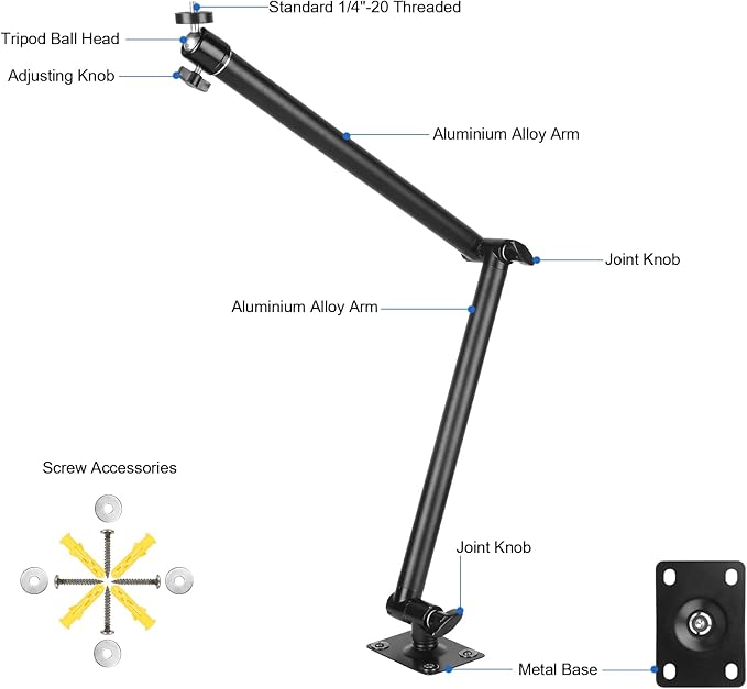 Mippko Articulating Camera Wall Mount with 1/4"-20 Threaded Compatible with DSLR/Security/Webcam/Action/LED Light/CCTV POV Camcorder Cameras,Adjustable Aluminium Alloy Arm Metal Base