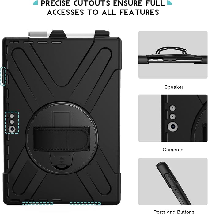 ProCase Surface Pro 6/ Surface Pro 5/ Pro 4/ Pro LTE Case Full Body Hybrid Protective Case 360 Degree Rotatable Heavy-Duty Cover with Adjustable Hand Strap Shoulder Belt and Kickstand -Black