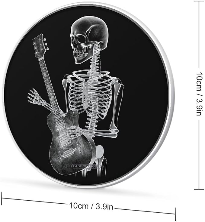 Abstract X-ray Skull Skeleton Playing Guitar Wireless Charger Aluminum Alloy Frame 10W Fast Charging Pad with Indicator Light 6mm Thin &amp Portable Wireless Charging Pad for Travel Home Office Desk