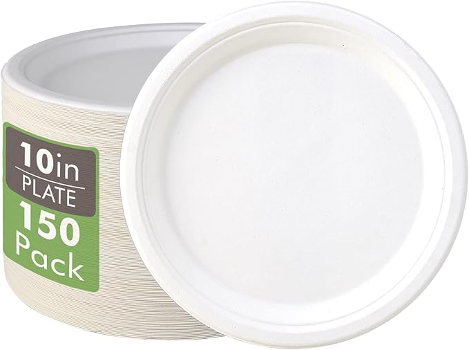 Vplus 350 Pack Compostable Bagasse Paper Plates 6.9 inch, Nature