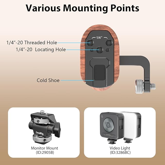 SmallRig Wooden Side Handle with 1/4''-20 Screws, Max. Load 15kg/33lbs, Up and Down Adjustable, for Left or Right Hand