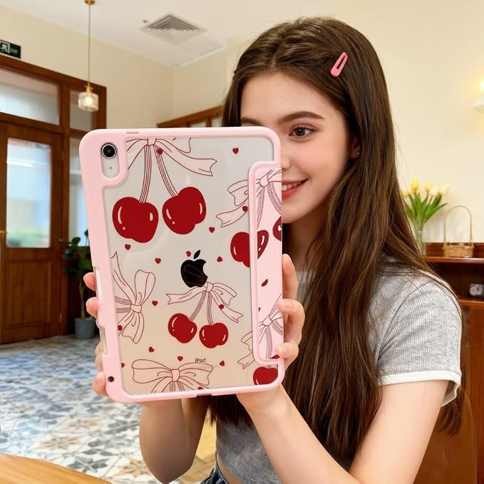 for iPad A16 11 Inch 2025 /for iPad 10th Generation 10.9 Inch 2022 Cute iPad Black Case with Pencil Holder-[Auto Wake/Sleep] Trifold Stand Soft TPU Protective Cover Pink Bows