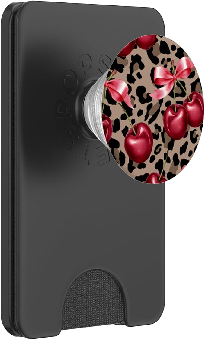 Brown Cheetah Valentine Girls Leopard Print Cherry And Bow PopSockets Adhesive PopGrip