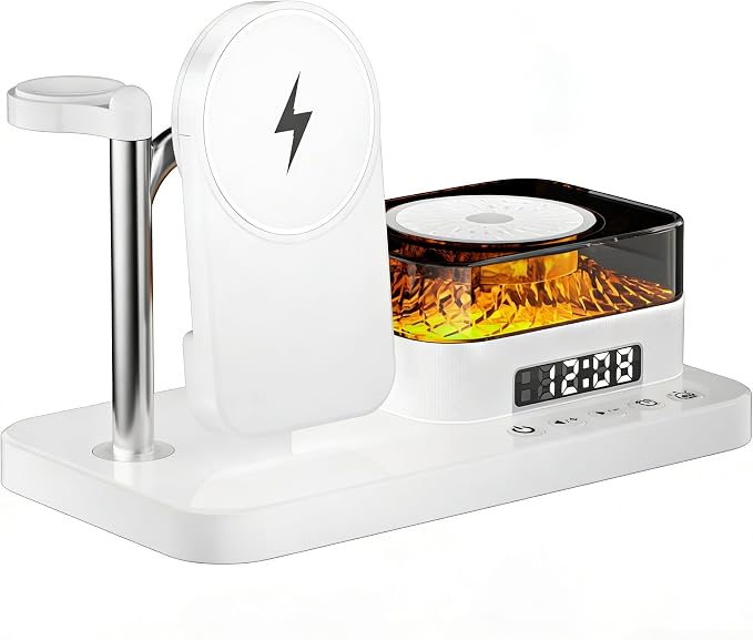 8-in-1 Desktop Charging Station with Bluetooth Speaker RGB Ambient Light Digital Clock Phone Stand Wireless Charger for Phone Watch and Earbuds Black/White (Black)