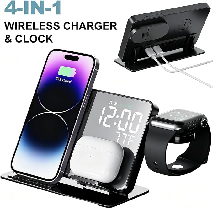 IHAO 3in1 Multifunctional Foldable Wireless Charging Station with LED Ambient Night Light Fast QC3.0 Charger for Phone iWatch Headphone Space-Saving Auto-Shutoff &amp Overcharge Protection-Black