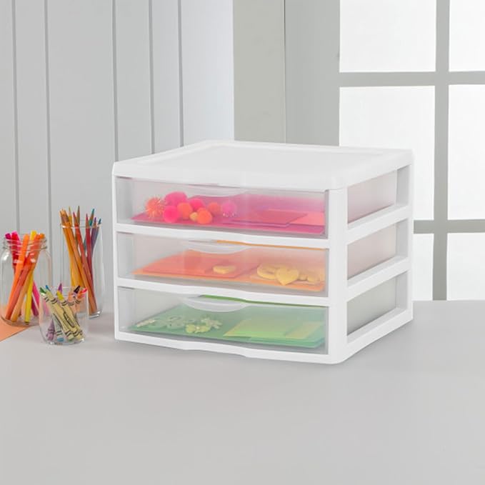 Sterilite 9-Pack Wide 3 Drawer Unit, Plastic Desktop Organizer with Clear Drawers, White Frame - Stackable Multi-Purpose Storage for Office Supplies, Craft Rooms, Classrooms and Home Organization