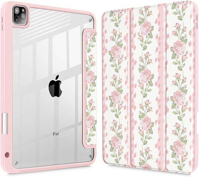Case for iPad 12.9 Inch (6th/5th/4th/3rd Generation 2022/2021/2020/2018) Pencel Holder + Trifold Support Auto Sleep/Wake Transparent Shockproof Back Cover Abstract Floral SD163