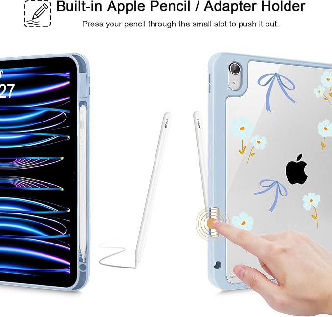 Mektron Case for 2026 iPad Air 11 inch M4 8th (M3 2025 7th /M2 2024 6th) Compatible with iPad Air 10.9 (2022 5th Gen /2020 4th Gen) Shockproof Clear Shell Blue Bows &amp Flowers