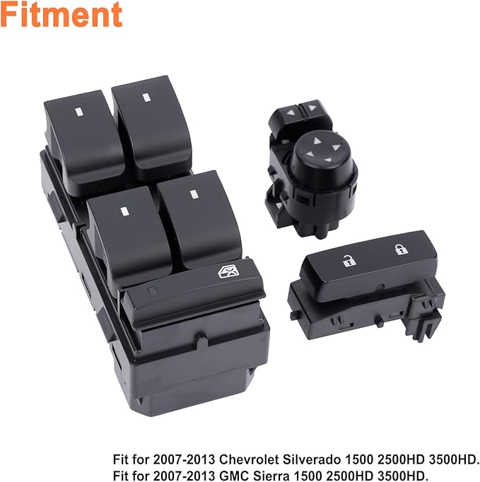 Power Window Control & Front Driver Side Mirror Switch & Door Lock Switch (3PCS) for 2007-2013 Silverado/Sierra 1500 2500 3500 HD. Replaces Part # 25789692 15804093 22883768