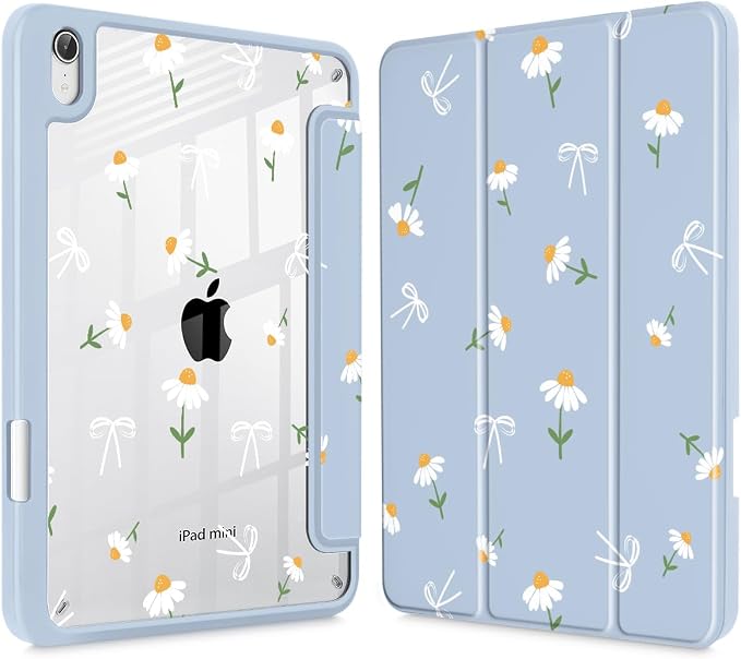 Case for iPad mini (A17 Pro 7th Generation) 2024/iPad Mini (6th Gen) 8.3 Inch with [Built-in Pencil Holder] Shockproof Cover with Clear Transparent Back Shell &amp Auto Wake/Sleep - Blue Bows