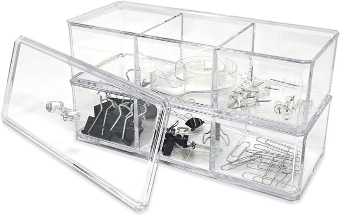 Isaac Jacobs 3-Compartment Clear Acrylic Rectangular Stackable Organizer with Lid, Multi-Sectional Drawer Tray, Storage Solution for Makeup, Craft Supplies, for Bathroom, Kitchen, Office (2, Clear)