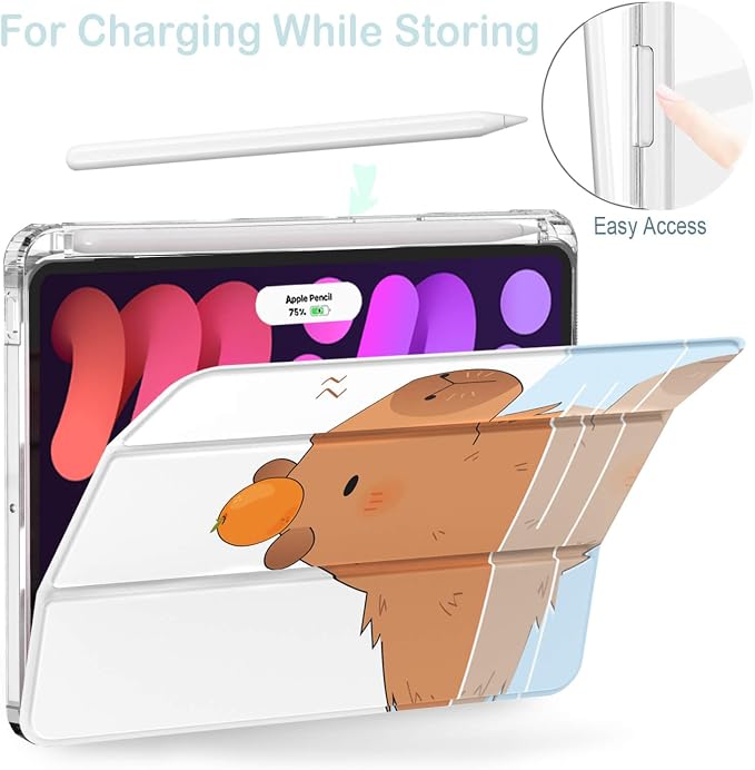Feams Case for iPad mini 7 A17 Pro 2024/iPad Mini 6 2021 Slim Lightweight Trifold iPad mini 7 A17 Pro Case 8.3 Inch 2024 Clear Back Cover with Pencil Holder &amp Auto Sleep Blue Bow