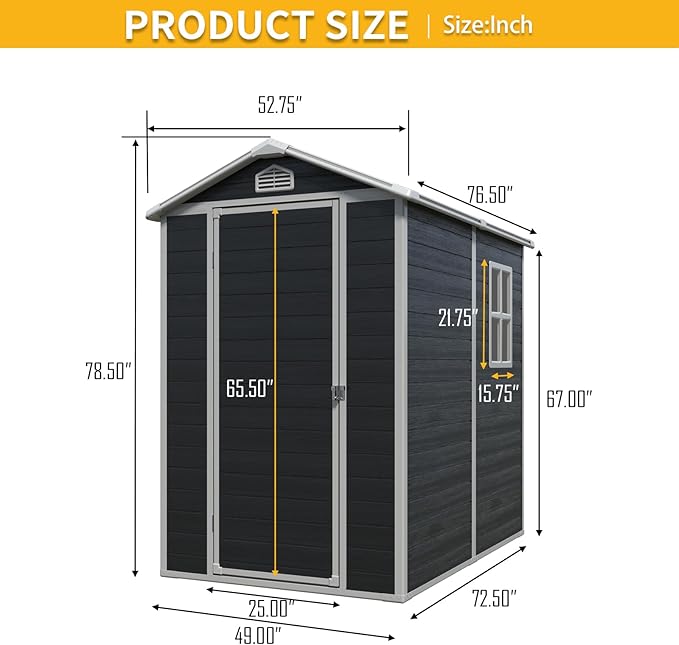6x4 FT Outdoor Storage Resin Shed with Floor, Waterproof Plastic Garden Tool Shed with Windows, Vents & Lockable Door and Sloped Roof, Easy to Assemble Bike Shed for Patio, Backyard, Lawn, Black