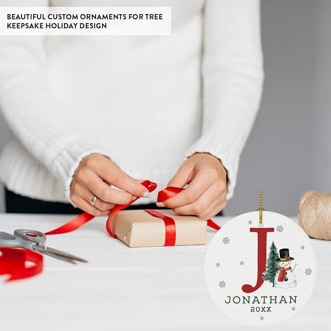 Andaz Press Personalized Ornament, Custom Name, Initial J Monogram Snowman 2.8" Ceramic Porcelain 2025 Christmas Ornament Keepsake for Kids, Boys, Girls, Initial Ornaments Monogram Ornament 1-Pack